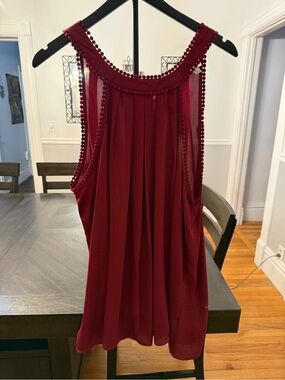 🍷 Elegant & Romantic! Cabernet Red Halter Pom-Pom Trim Chiffon Blouse
